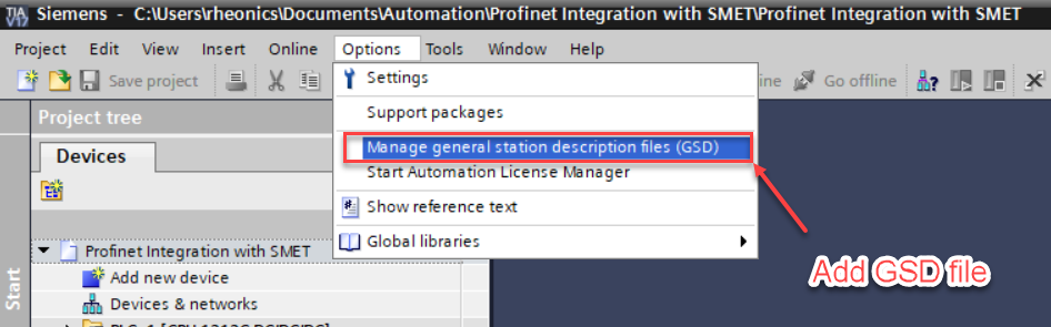 Screenshot of GSD Rheonics file upload in TIA portal