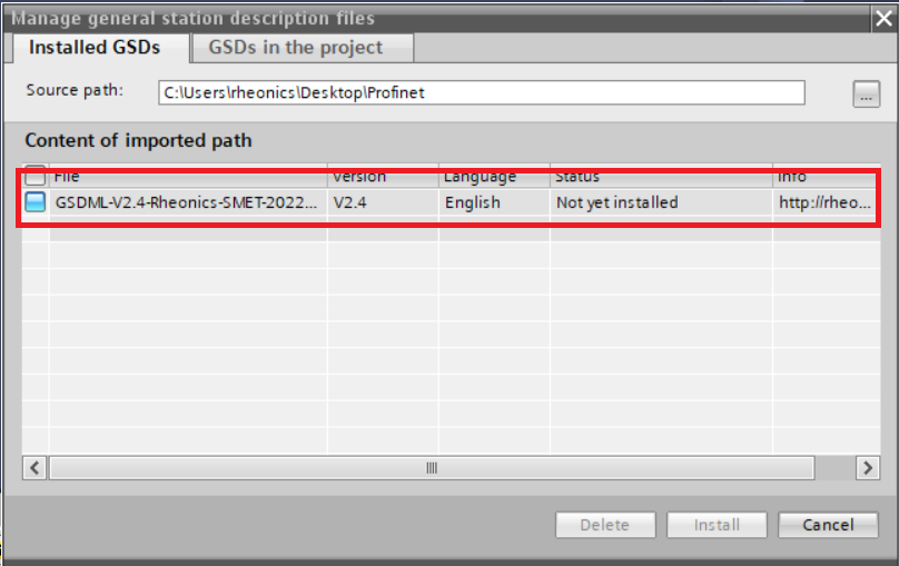 Screenshot of GSD Rheonics file upload in TIA portal.